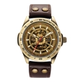 Men's vintage skeleton automatic watch with bronze case and brown leather rivet strap - Brown Leather Strap Style