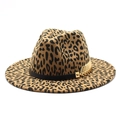 Leopard print felt fedora hat with a black band and gold leaf metal detail on white background - M / Camel
