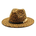 Classic leopard print wool fedora hat with black belt and golden leaf ornament decoration - M / Khaki