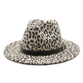 Leopard print fedora hat in cream wool felt with wide flat brim and black leather belt - M (56-58cm) / Beige