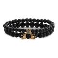 Bracciale a doppio strato da uomo con pietre nere opache e corone dorate - Set da 2 pezzi Corona + Sfera di perforazione / Oro
