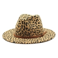 Classic leopard print wool fedora hat with brown faux leather belt for men and women - M (56-58cm) / Camel Leopard