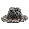 Classic leopard print fedora hat with a stylish brown leather band and metal buckle - M (56-58cm) / Grey Leopard