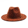 Detailed view of orange leopard print wool fedora hat with brown leather belt and buckle - M (56-58cm) / Rust Red Leopard