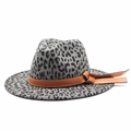 Vintage leopard print fedora wool hat with brown leather bow trim on a white background - M (56-58cm) / Gray