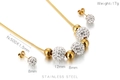 Gold stainless steel jewelry set with white clay zircon beads necklace and earrings - Gold Full Rhinestone Large Ball 3-Piece Set (KS69975-Z)