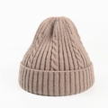 Detailed knit texture of a coffee brown cable knit beanie showing warm thick fabric - Khaki