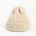 Close-up of cream chunky knit beanie featuring classic cable stitching and wide folded cuff - Beige
