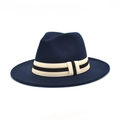 Detail of navy wool fedora hat with a beige striped decorative band around the crown - M (56-58cm) / Navy Blue