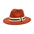 Close-up of burnt orange wool fedora hat featuring a black and white striped woven band - M (56-58cm) / Caramel color