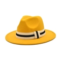 Detailed close-up of yellow wool felt fedora featuring a striped woven decorative band - M (56-58cm) / Yellow