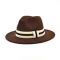 Close-up of a brown wool fedora hat featuring a striped beige and black ribbon band - M (56-58cm) / Coffee