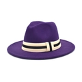 Detail of deep purple wool fedora hat with a striped ribbon band on a white background - M (56-58cm) / Purple