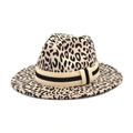 Detail of leopard print wool fedora with striped ribbon band and buckle accent - M (56-58cm) / White