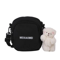 Minimalist black canvas crossbody bag with white embroidery and plush bear charm - Black with Shy Bear Charm