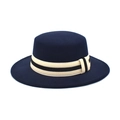 Dunkelblauer Woll-Flachhut mit stilvollem Streifenband und flachem Kopfteil-Design - Marineblau