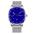 Detail view of quartz watch with blue dial, silver mesh strap, and calendar display - Blue Dial Silver Case Silver Strap