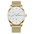Close-up of white dial men's business watch with date window and gold mesh strap - White Dial Gold Case Gold Mesh Strap