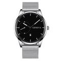 Detailed close-up of men's watch with black dial and silver Milanese mesh strap - Black Dial Silver Case Silver Mesh Strap