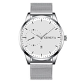 Detail of silver mesh band watch with white dial featuring date window and Geneva logo - White Dial Silver Case Silver Mesh Strap