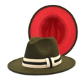 Chapeau Fedora bicolore en laine vert armée avec doublure rouge et ruban rayé - M (56-58cm) / Vert Militaire