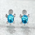 Creative sea turtle earrings with blue zircon stones and sparkling white crystals in silver - Platinum Plated Aquamarine Zircon