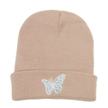 Close-up of butterfly embroidery on a beige cuffed knit beanie hat for winter - M (56-58cm) / White Butterfly Khaki