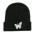 Close-up of butterfly embroidery detail on the cuff of a black ribbed knit beanie hat - M (56-58cm) / White Butterfly Black