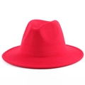 Classic bright red wool wide brim fedora hat with reinforced stitching and flat rim - M (56-58cm) / Red