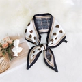 Elegant cream and brown heart print skinny silk scarf with black white grid pattern - Heart Brown