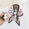 Cream narrow silk scarf featuring red hearts and brown check patterns - Red Heart