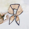 Orange and white striped narrow silk scarf with blue edges and letter M on white faux fur - Blue Striped