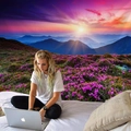 Grande arazzo da parete con tramonto in montagna e fiori per camera da letto e dormitorio - 150x130cm / Stile 4