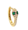 Macro side view of gold snake-shaped jewelry with white zircon and green gemstone eyes - Snake Head Stud Earrings (EH00289)
