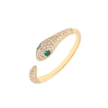 Close-up of gold-plated snake ring with white zircon pave and green gem eyes detail - Open Snake Ring (JZ00017)