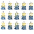 Macro view of fifteen resin gummy bear pendants with yellow-blue gradient and glitter - Yellow and Blue Gradient Sparkle