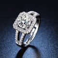 Macro shot of silver six-prong cubic zirconia ring with sparkling pavé set diamonds - Y077【1 Carat】