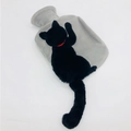 Gray plush hot water bottle with black cat design and red collar soft faux fur cover - Black Cat