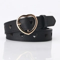 Women's black PU leather belt with heart cutout design and golden metal heart buckle - Black