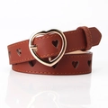 Brown PU leather belt for women featuring a gold heart buckle and heart-shaped cutouts - Camel