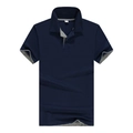 Classic navy blue men's short sleeve polo shirt with grey collar trim on white background - Navy Grey