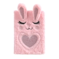 Détail d'un carnet en peluche rose avec visage de lapin 3D et motif cœur en paillettes - Lapin / Rose