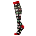 Black Christmas compression socks with red toe and heel, featuring festive snowflake patterns - Mini Christmas Icons