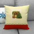 Linen Christmas pillowcase with festive fireplace and tree pattern on red and beige - Style 16