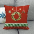 Red Christmas linen pillowcase with festive wreath and green plaid star patterns - Style 22