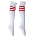 Knee-high white soccer socks with classic triple red stripes for sports training - White Red Edge