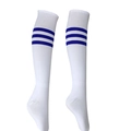 Adult white high-tube soccer socks featuring three classic blue horizontal stripes - White Blue Edge
