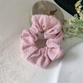 Pink seersucker ruffle scrunchie with soft pleated texture for hair styling - Bubble Pink