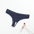 Dark blue ribbed cotton thong for women with a minimalist flat lay design and floral accents - XXL(34) / Navy Blue