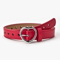 Red PU leather belt with silver heart-shaped buckle and decorative heart cutouts - Red